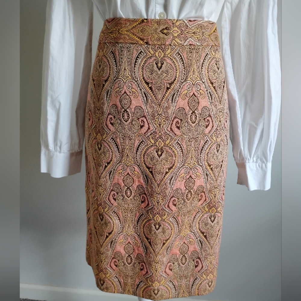 Talbots Cotton Silk Tapestry Brocade Pencil Skirt Pastel Pink Metallic Size 14P - Picture 3 of 16